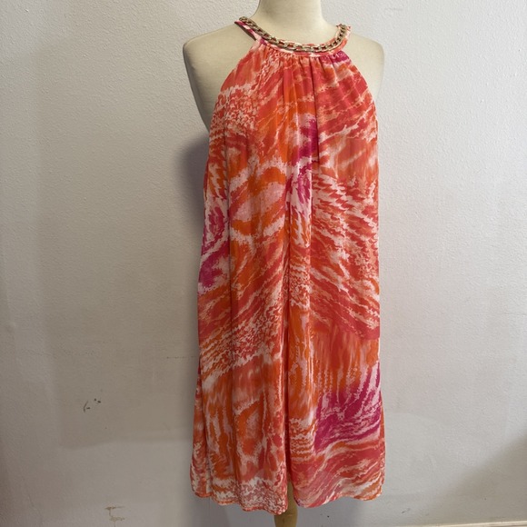 Calvin Klein Dress 12 Orange Pink Chain Halter Shift Cocktail Formal Summer - Picture 2 of 13